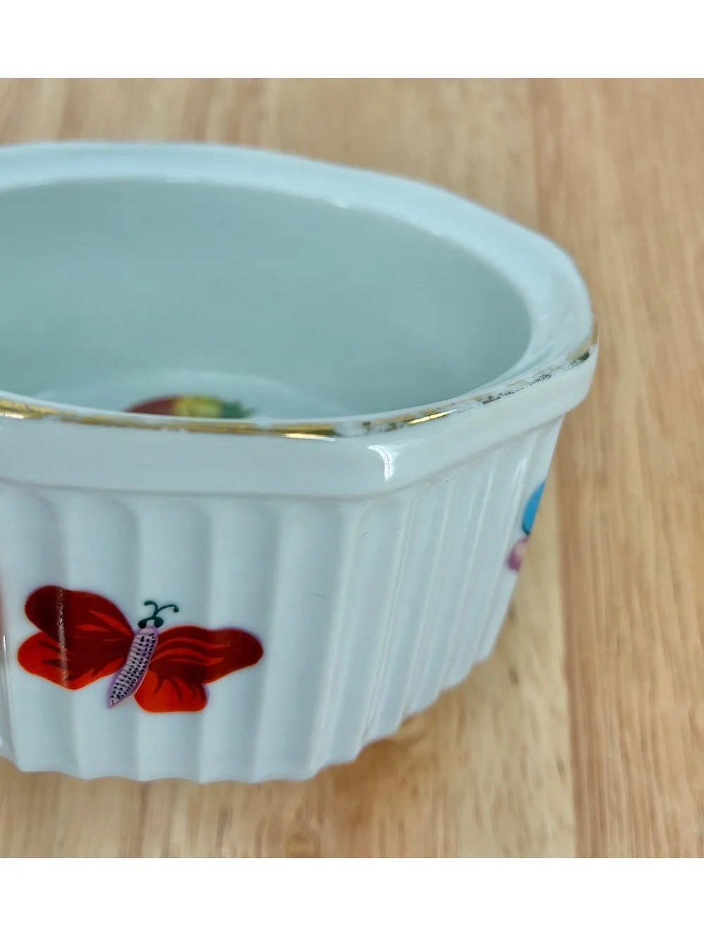 Vintage Mid Century Strawberry & Butterfly Porcelain Ramekin Gold Trim Japan